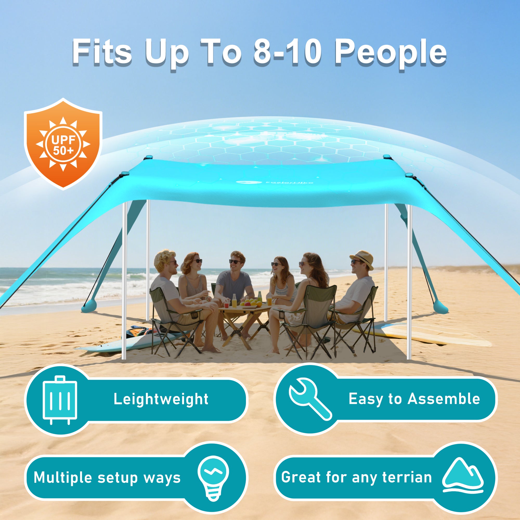 Easierhike 10'x10' Beach Tent Sun Shelter, UPF 50+ Windproof Beach Canopy for 8-10 People, Portable with Carry Bag, Easy Setup for Outdoor