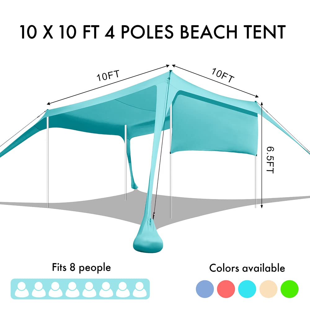 Beach Canopy Tent Shade with Sidewalls 10x10FT, 6.6FT Tall, UPF50+ Sun Shelter, Windproof & Water Resistant, Includes Guylines Sand Shovel Stability Poles, Easy Up for Beach Outdoor Camping Backyard