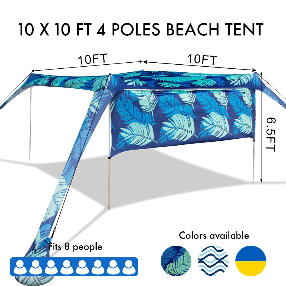 Beach Canopy Tent Shade with Sidewalls 10x10FT, 6.6FT Tall, UPF50+ Sun Shelter, Windproof & Water Resistant, Includes Guylines Sand Shovel Stability Poles, Easy Up for Beach Outdoor Camping Backyard