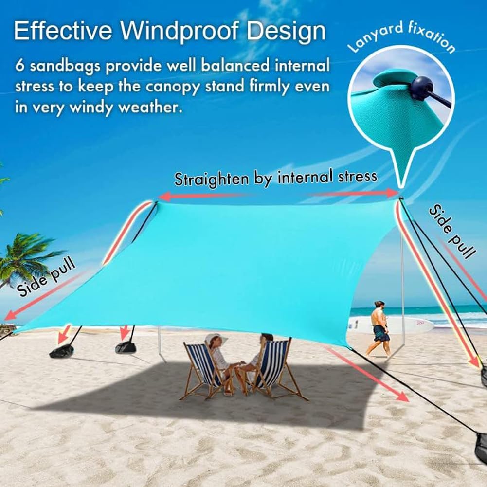 Beach Canopy Windproof Design, Sun Shelter UPF50+ Portable Family Tent with 6 Sandbags Anchors 10x10 FT 2 Pole Pop Up Outdoor Shelter for Beach, Camping, Fishing, Backyard