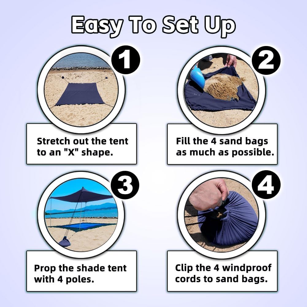 Portable Travel Tents, Beach Tent with Sand Bag and Shovel, UPF50+ Sun Shelter Canopy Reinforced Corners