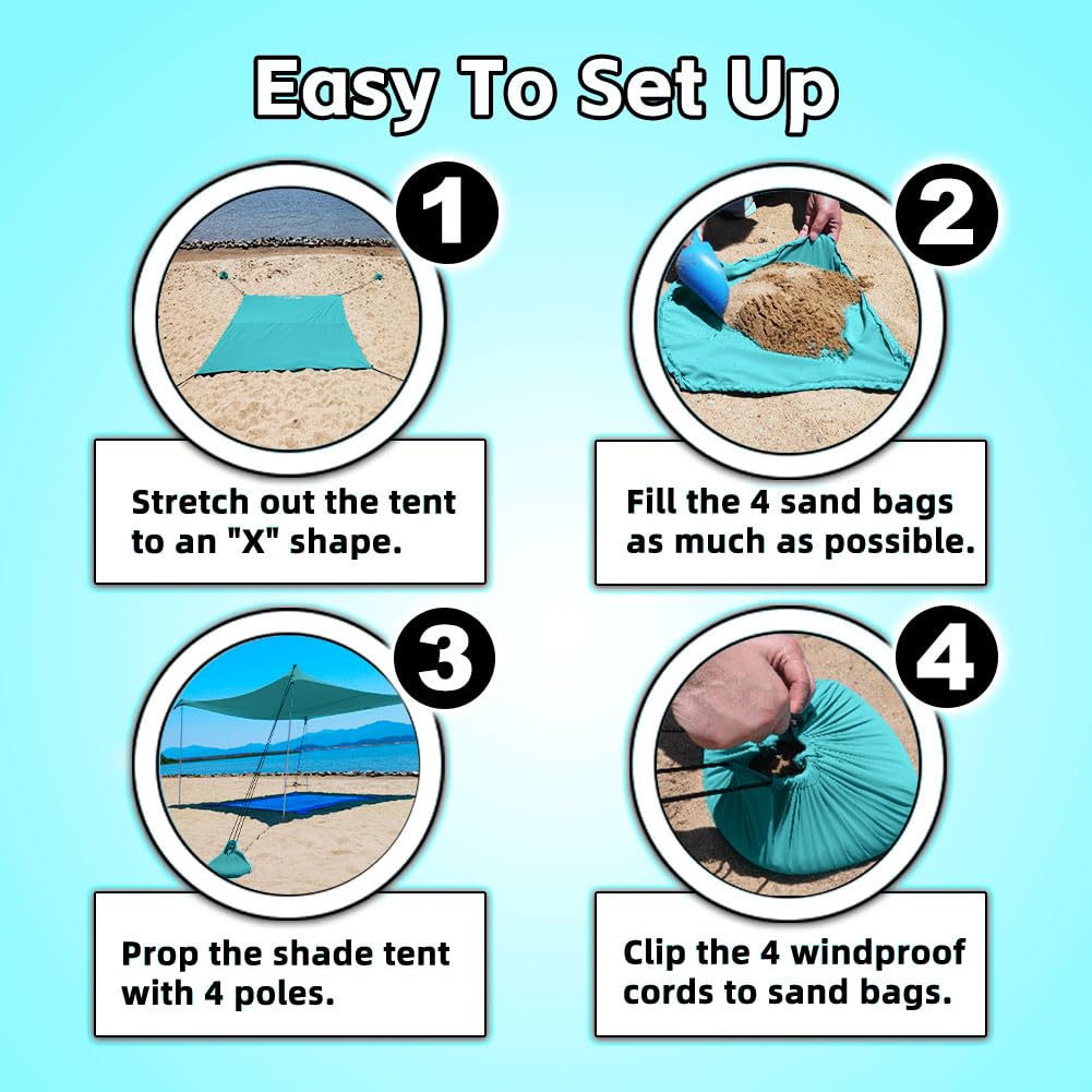 EasierHike Beach Shade Tent, 10 × 10 Ft Portable Easy Pop Up Beach Canopy, UPF50+ Sun Protection Shelter, Windproof & Water Resistant, Stable with 4 Sandbags & Windproof Cords, Perfect for Family