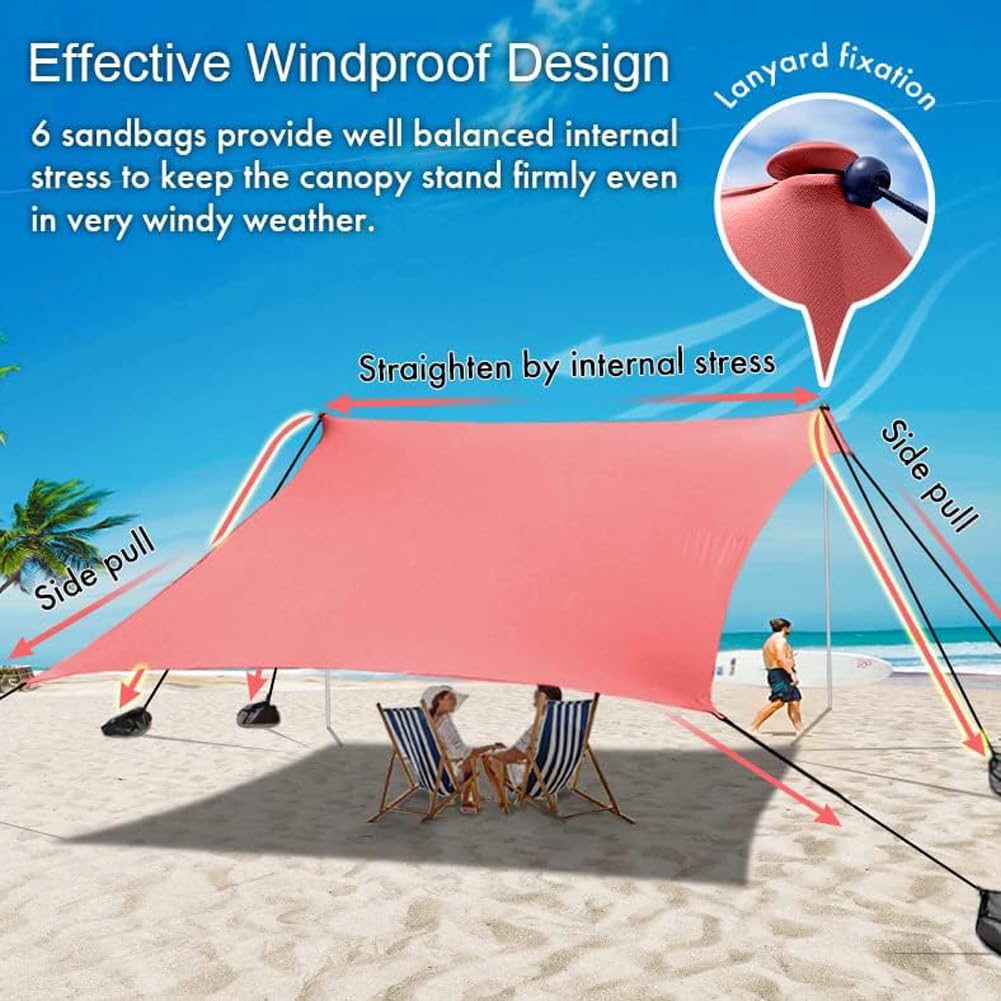 easierhike Beach Canopy Windproof Design, Sun Shelter UPF50+ Portable Family Tent with 6 Sandbags Anchors 8x8 FT 2 Pole Pop Up Outdoor Shelter for Beach, Camping, Fishing, Backyard