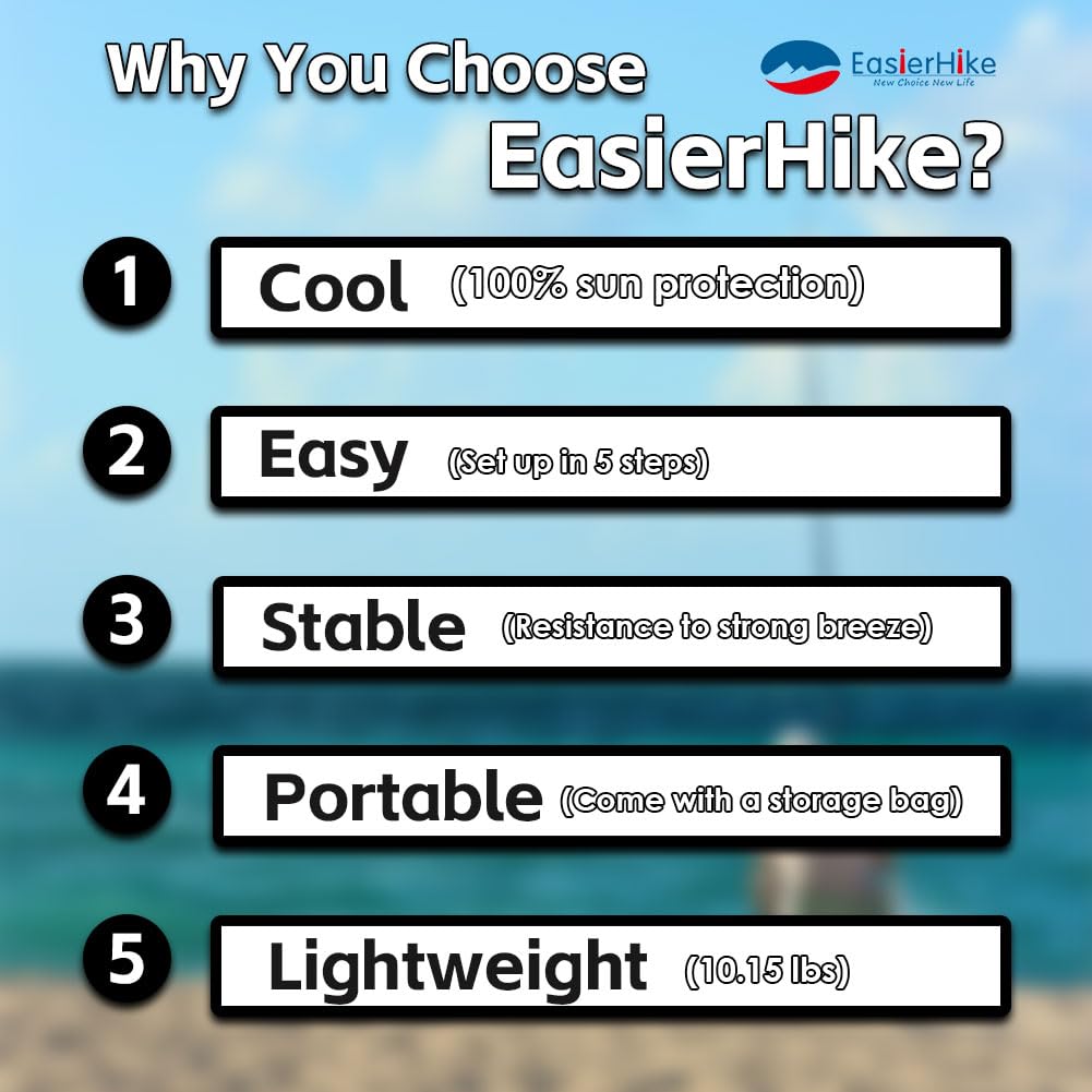 EasierHike Beach Shade Tent, 10 × 10 Ft Portable Easy Pop Up Beach Canopy, UPF50+ Sun Protection Shelter, Windproof & Water Resistant, Stable with 4 Sandbags & Windproof Cords, Perfect for Family