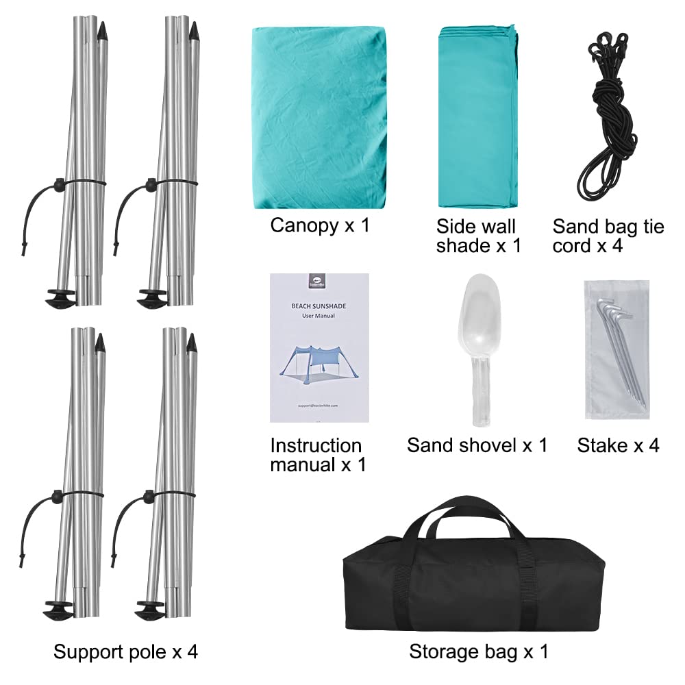 Beach Canopy Tent Shade with Sidewalls 10x10FT, 6.6FT Tall, UPF50+ Sun Shelter, Windproof & Water Resistant, Includes Guylines Sand Shovel Stability Poles, Easy Up for Beach Outdoor Camping Backyard