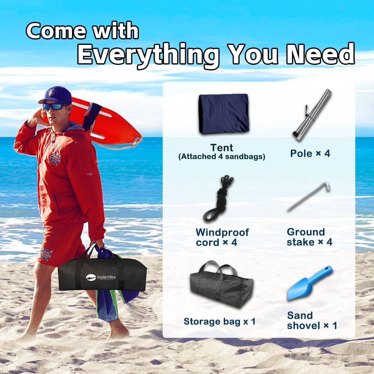 Portable Travel Tents, Beach Tent with Sand Bag and Shovel, UPF50+ Sun Shelter Canopy Reinforced Corners