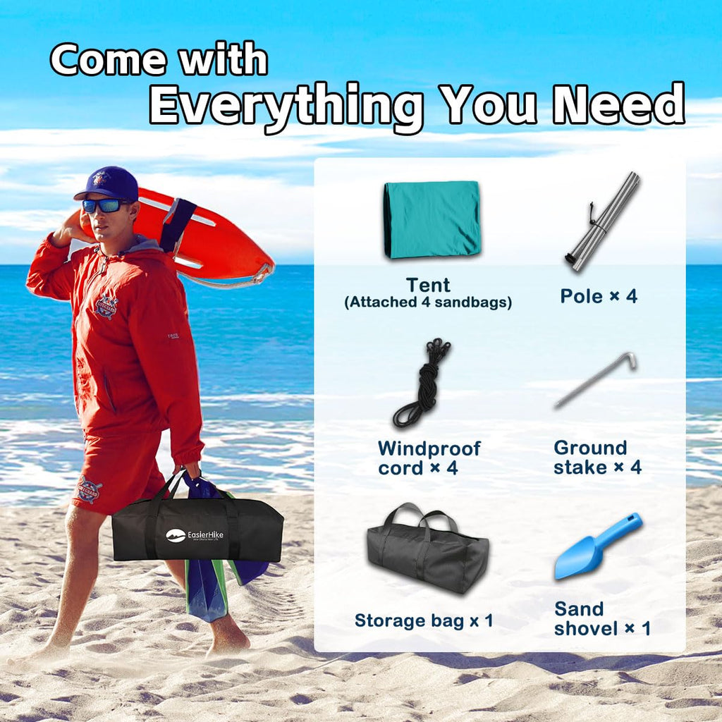 EasierHike Beach Shade Tent, 10 × 10 Ft Portable Easy Pop Up Beach Canopy, UPF50+ Sun Protection Shelter, Windproof & Water Resistant, Stable with 4 Sandbags & Windproof Cords, Perfect for Family