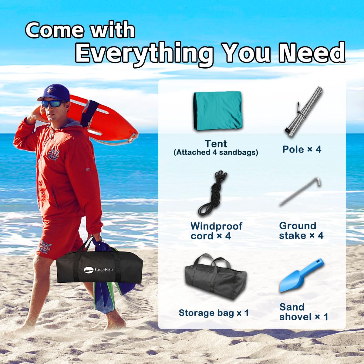 EasierHike Beach Shade Tent, 10 × 10 Ft Portable Easy Pop Up Beach Canopy, UPF50+ Sun Protection Shelter, Windproof & Water Resistant, Stable with 4 Sandbags & Windproof Cords, Perfect for Family