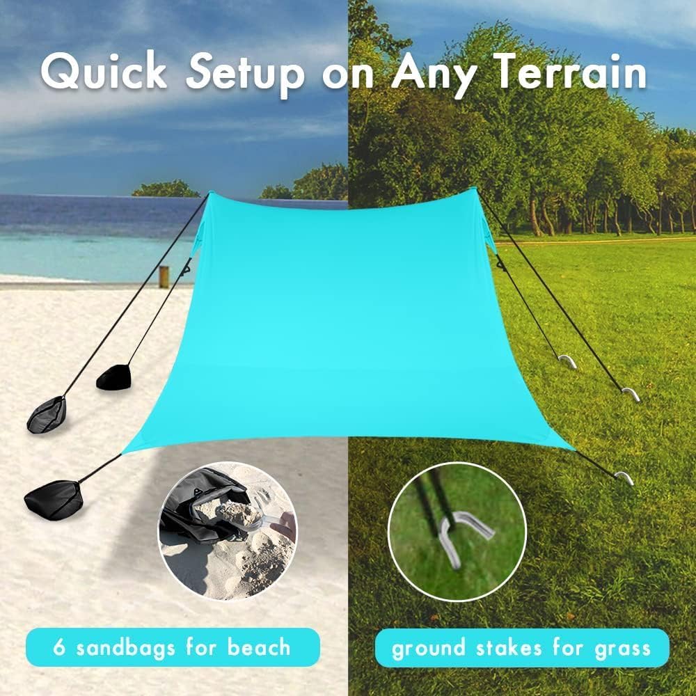 Beach Canopy Windproof Design, Sun Shelter UPF50+ Portable Family Tent with 6 Sandbags Anchors 10x10 FT 2 Pole Pop Up Outdoor Shelter for Beach, Camping, Fishing, Backyard