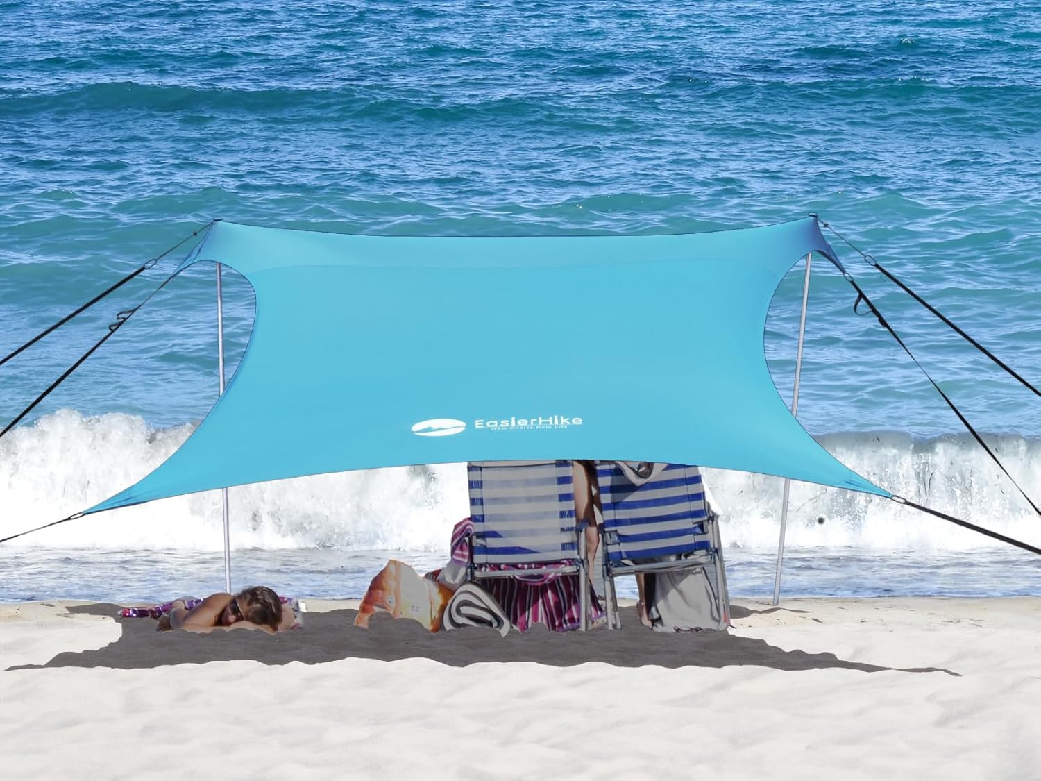 Beach Canopy Windproof Design, Sun Shelter UPF50+ Portable Family Tent with 6 Sandbags Anchors 10x10 FT 2 Pole Pop Up Outdoor Shelter for Beach, Camping, Fishing, Backyard